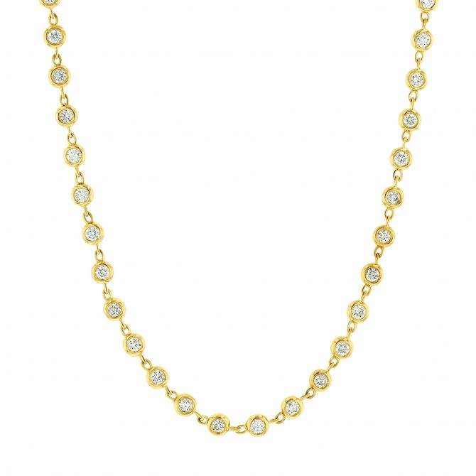 Diamond Bezel Set Strand Necklace in Yellow Gold, 28"