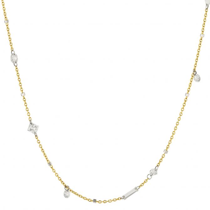 Aresa Multi Shape Diamond Station Necklace in Yellow Gold, 38"