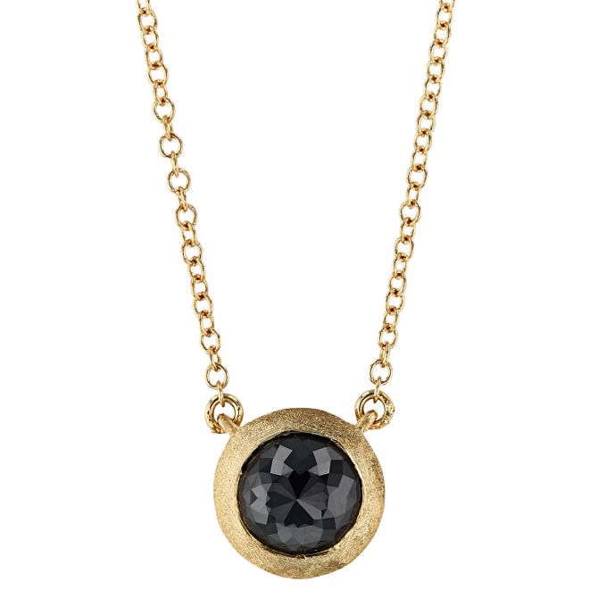 Black Rosecut Round Diamond Bezel Set Necklace in Matte Yellow Gold, 18"