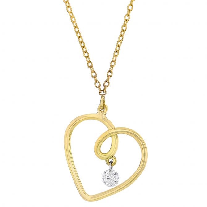 Aresa Dancing Diamond Heart Pendant in Yellow Gold, 18"