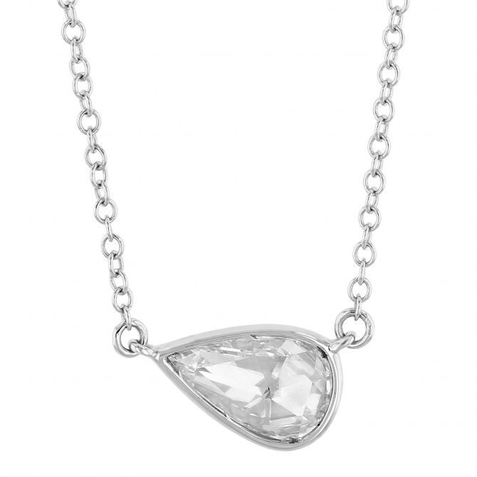 Rose Cut Elongated Pear Shaped Diamond Bezel Set Necklace in White Gold