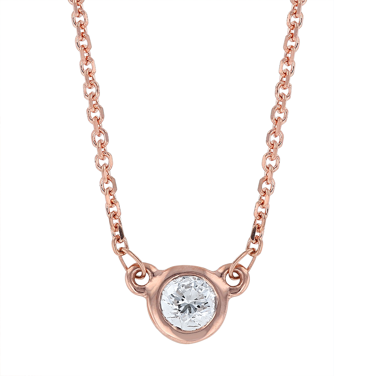 14K Rose Gold Round Diamond Solitaire Bezel Set Necklace, 18