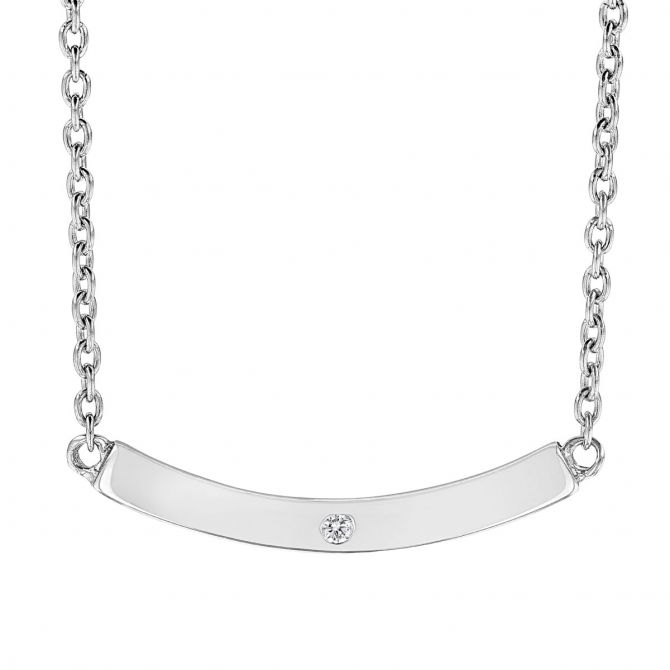 Sterling Silver Curved Bar Necklace with Diamond Inlay, 18"