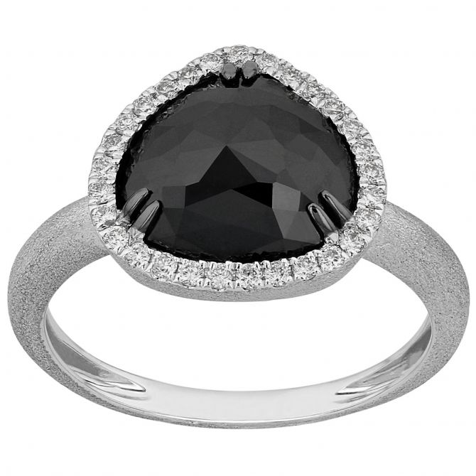 Black Rosecut Pear Shaped Diamond Halo Ring in Matte White Gold