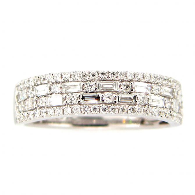 Baguette & Round Diamond Mosaic 4 Row Ring in White Gold