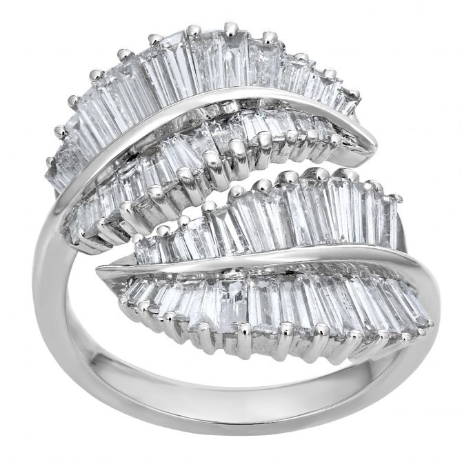 Diamond Baguette Double Leaf Bypass Ring in White Gold