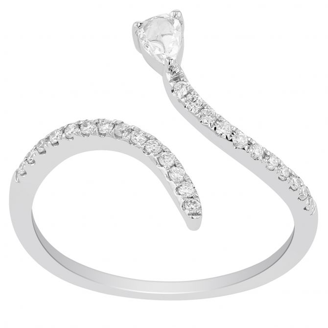 Pear Shaped Diamond Open Ring with Curved Pavé Shank in White Gold