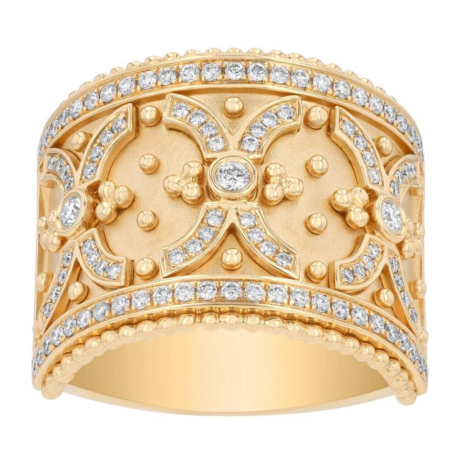 Doves Diamond & Beaded Mosaic Wide Band Ring in Yellow Gold