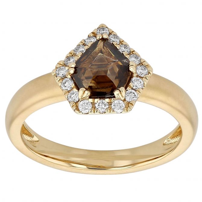 Brown Kite Diamond Ring with 5 Point Diamond Halo in Yellow Gold