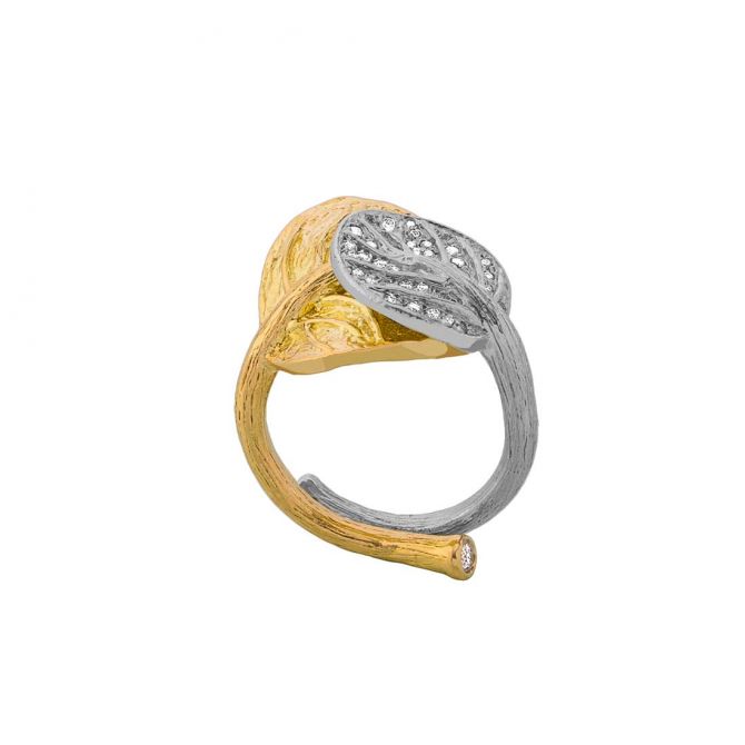 Michael Aram Botanical Leaf Double Bypass Ring with Diamonds in Sterling Silver & Yellow Gold