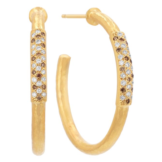 Marika Yellow Gold Open Hoop Earrings with Brown and White Diamond Pave