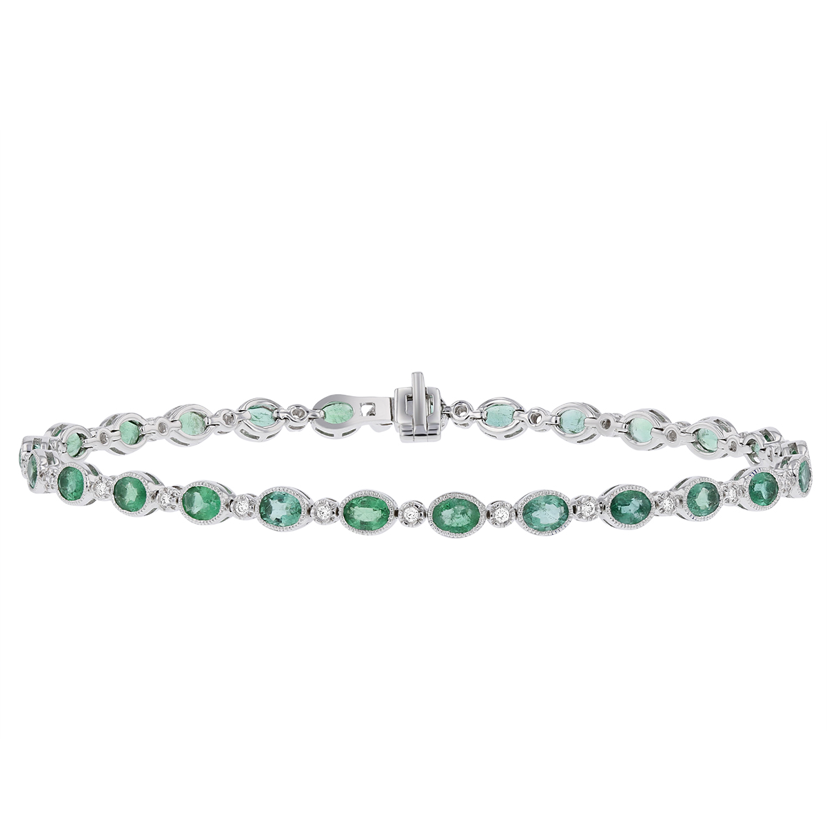 14K White Gold Oval Emerald & Diamond Milgrain Bracelet, 7
