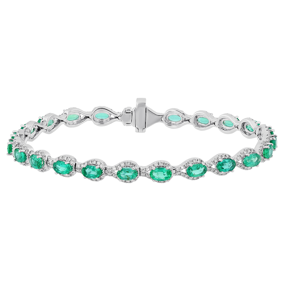14K White Gold Oval Emerald & Diamond Teardrop Halo Bracelet, 7 ...