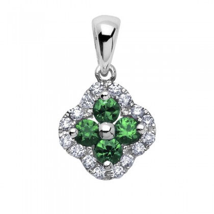 Emerald & Diamond Clover Pendant in White Gold, 18"