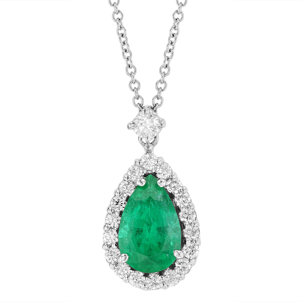 18K White Gold Pear Shaped Emerald & Diamond Halo Pendant | Borsheims