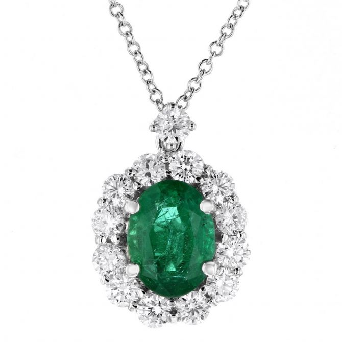 18K White Gold Oval Emerald & Diamond Halo Pendant, 16"