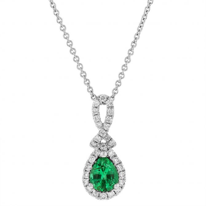 14K White Gold Pear Shaped Emerald & Diamond Pendant, 18"