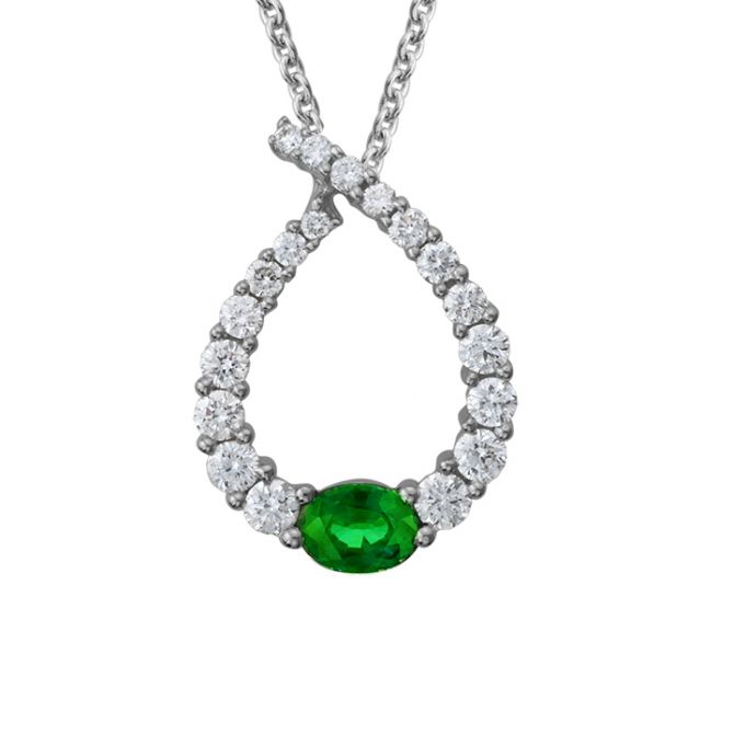 14K White Gold Emerald & Diamond Teardrop Pendant, 18"