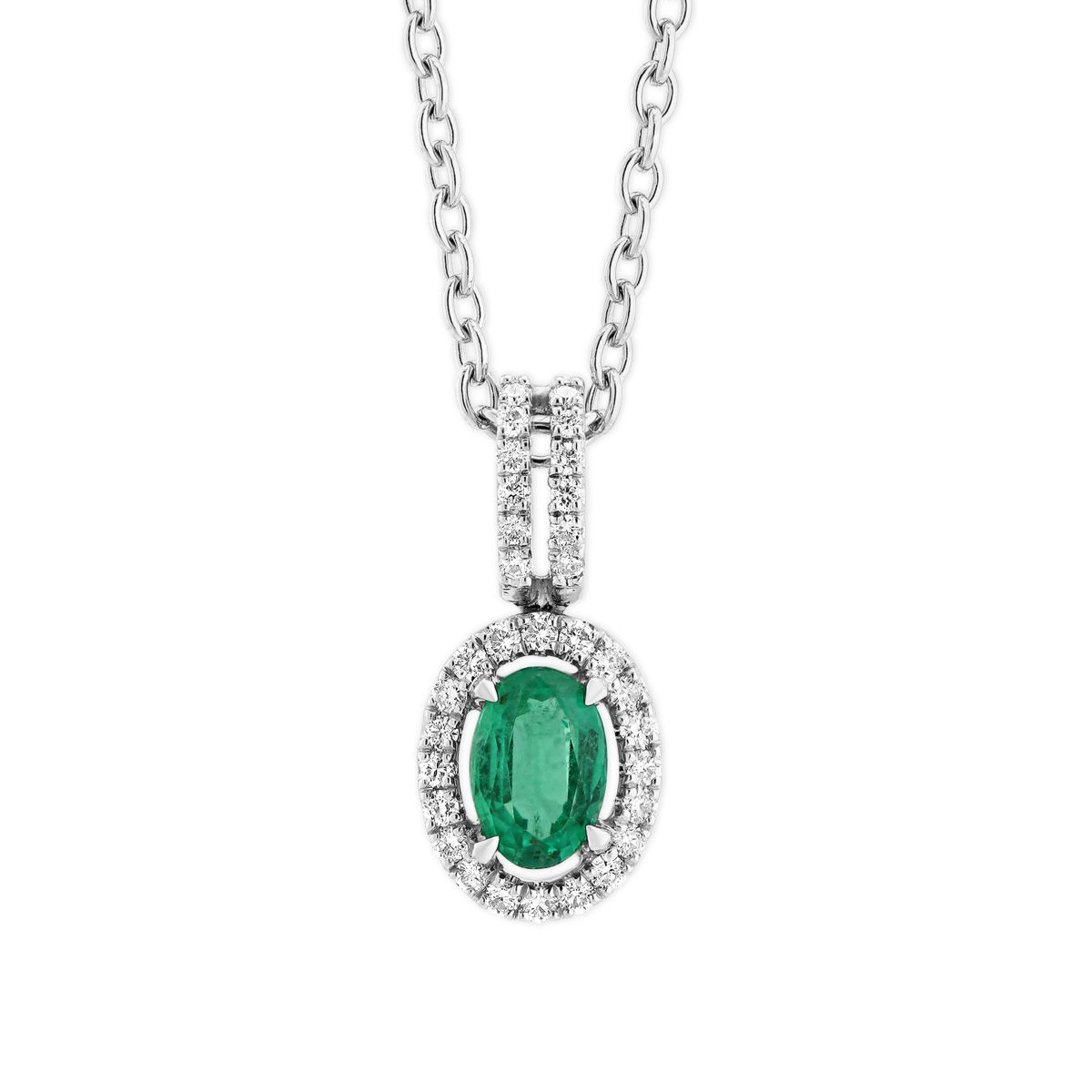 Oval Emerald & Diamond Halo Pendant Necklace in White Gold, 18