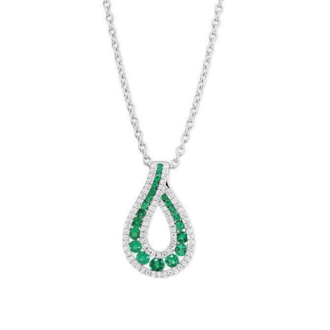 14K White Gold Round Emerald & Diamond Teardrop Pendant, 18"