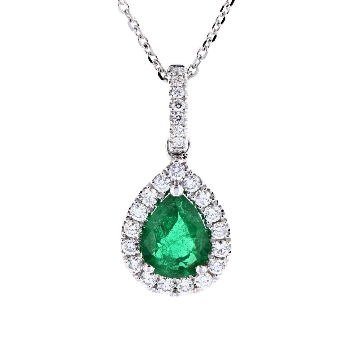 14K White Gold Pear Shaped Emerald & Diamond Halo Pendant, 16