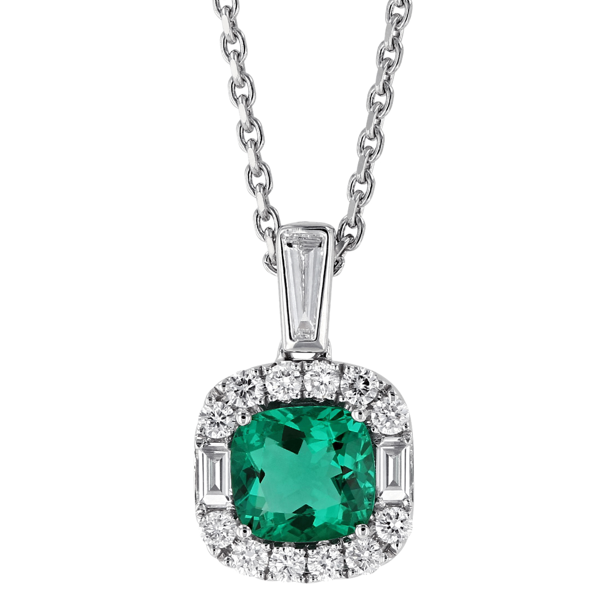 Cushion Emerald Pendant with Diamond Halo in White Gold, 16