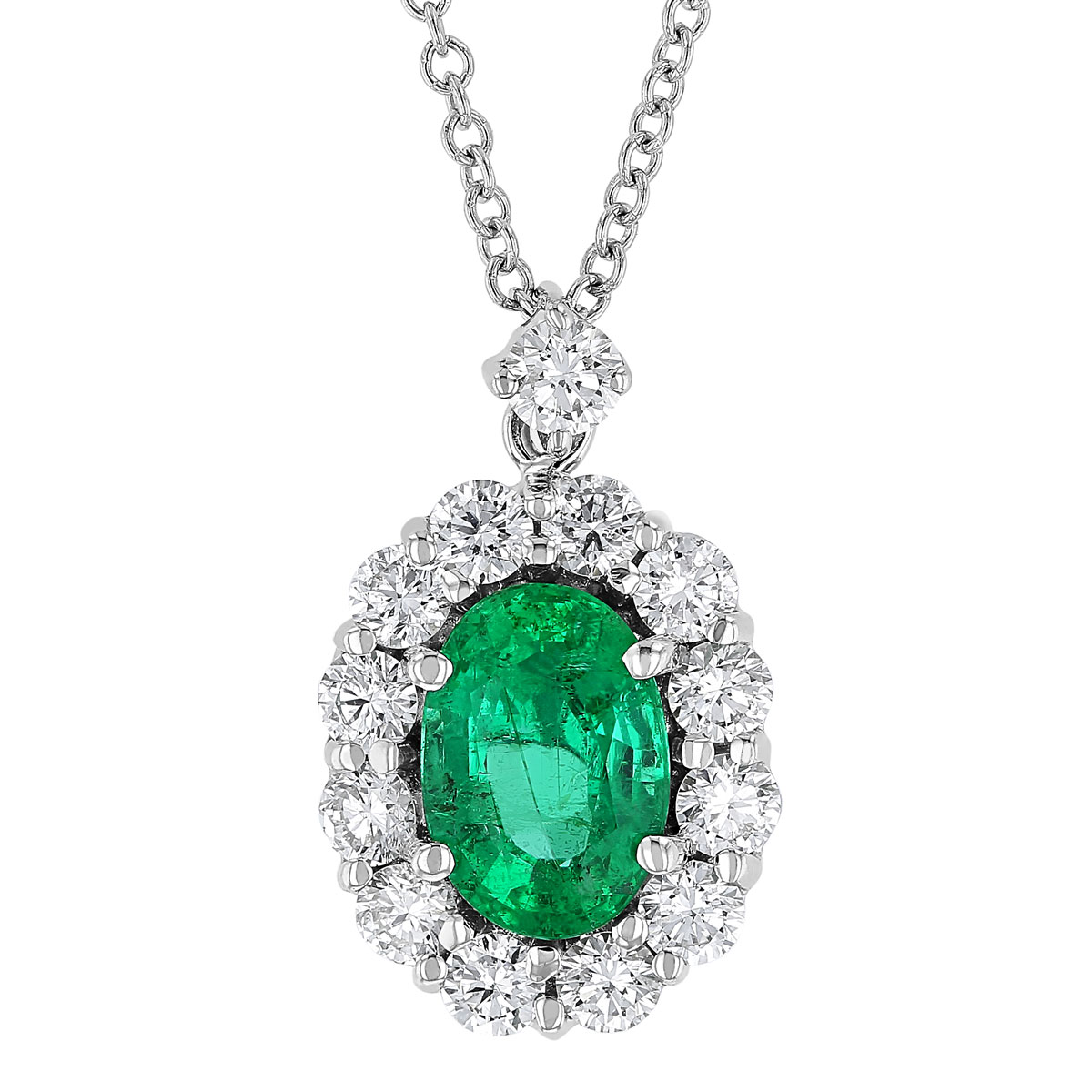 Oval Emerald & Diamond Halo Pendant in White Gold, 18" | Borsheims