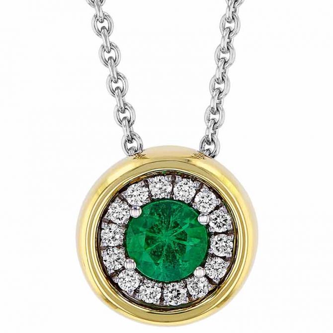 Round Emerald & Diamond Halo Pendant in Two Tone Gold, 18"