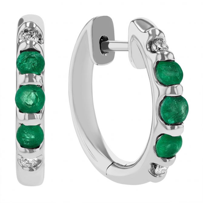 Emerald & Diamond Hoop Earrings in White Gold