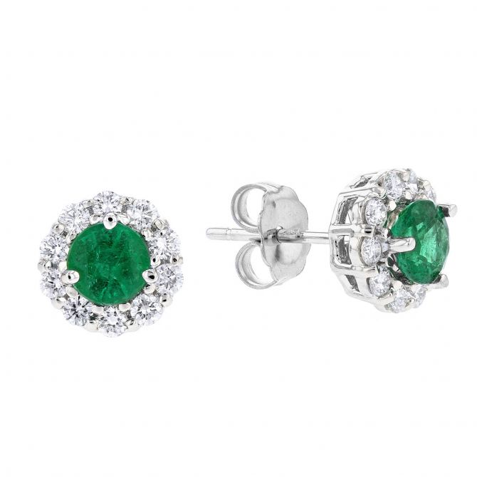 Emerald & Diamond Halo Stud Earrings in White Gold