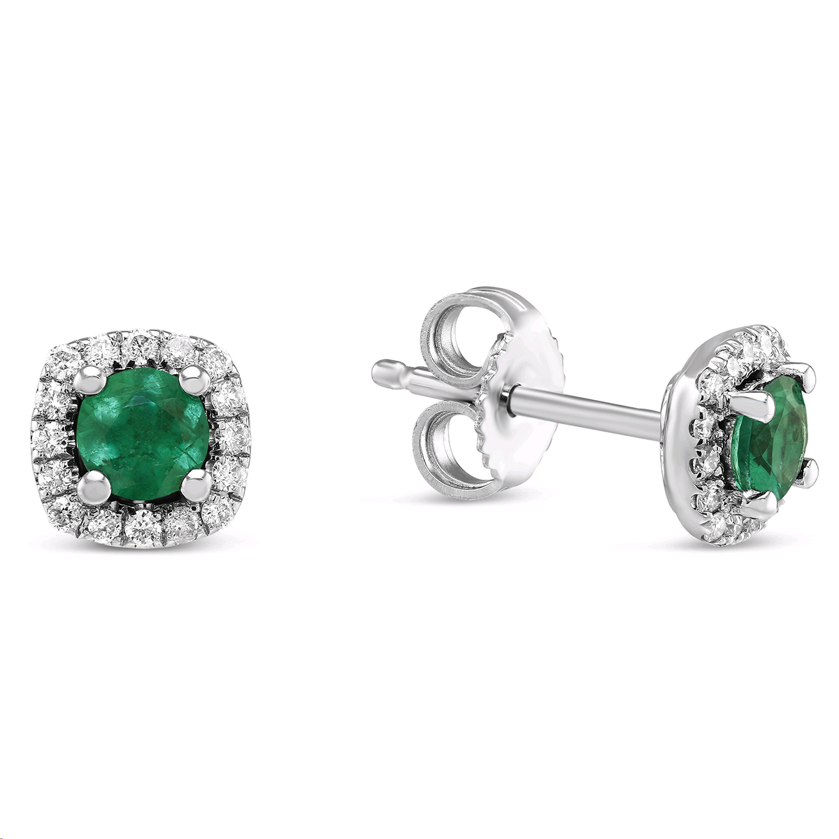 Round Emerald & Diamond Cushion Halo Stud Earrings in White Gold ...