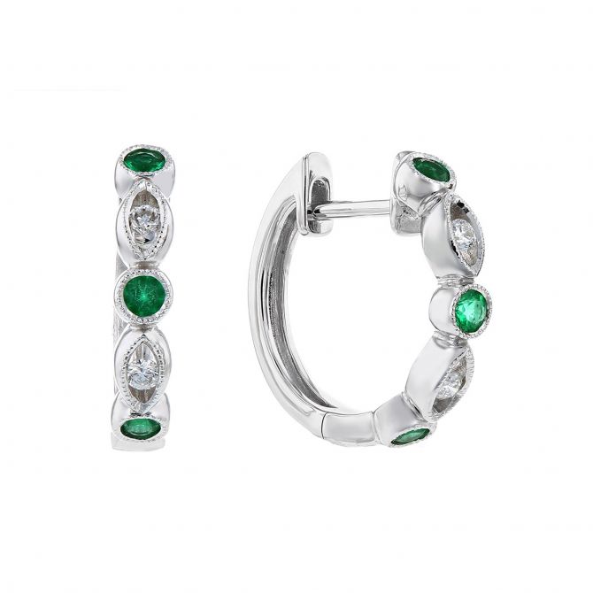 14K White Gold Emerald & Diamond Round & Navette Bezel Set Station Hoop Earrings