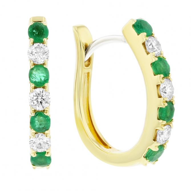 14K Yellow Gold Emerald & Diamond Alternating Hinged Half Hoop Earrings