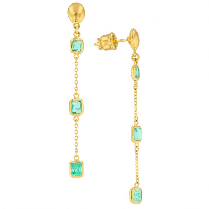 Gurhan 24K Yellow Gold Emerald Cube Triple Drop Post Earrings