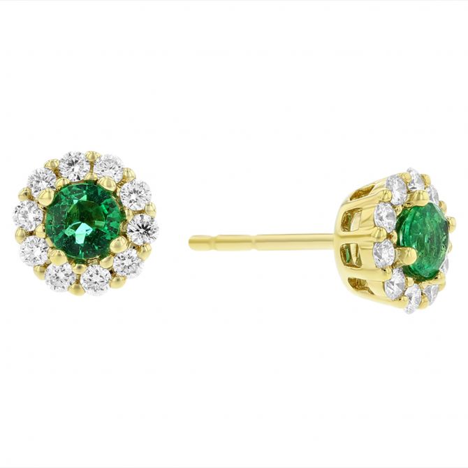 14K Yellow Gold Round Emerald & Diamond Halo Stud Earrings