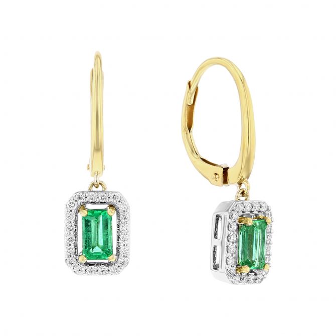 14K White & Yellow Gold Emerald Cut Emerald & Diamond Dangle Earrings