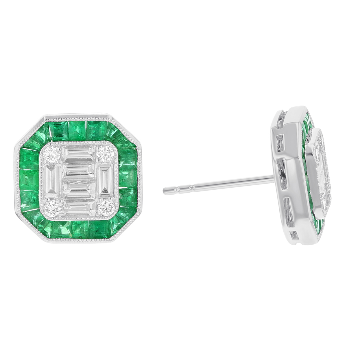 18K White Gold Calibre Cut Emerald & Diamond Mosaic Octagon Stud