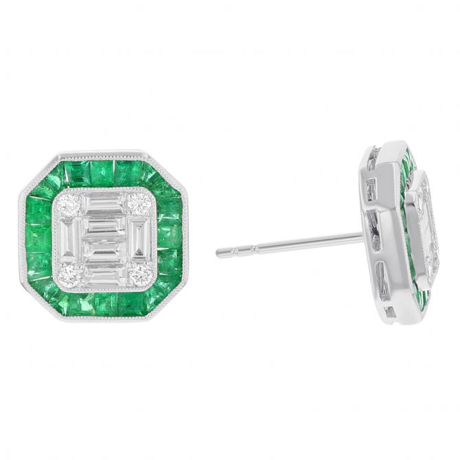 18K White Gold Calibre Cut Emerald & Diamond Mosaic Octagon Stud Earrings