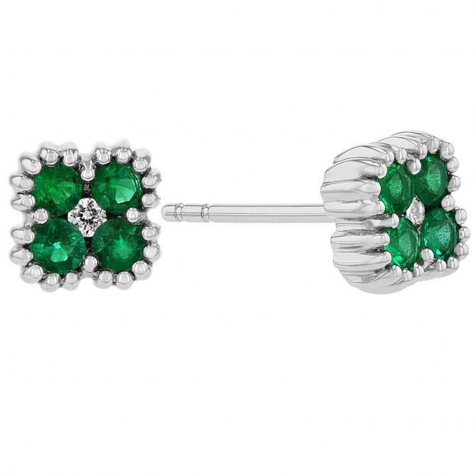 Emerald & Diamond Clover Stud Earrings in White Gold