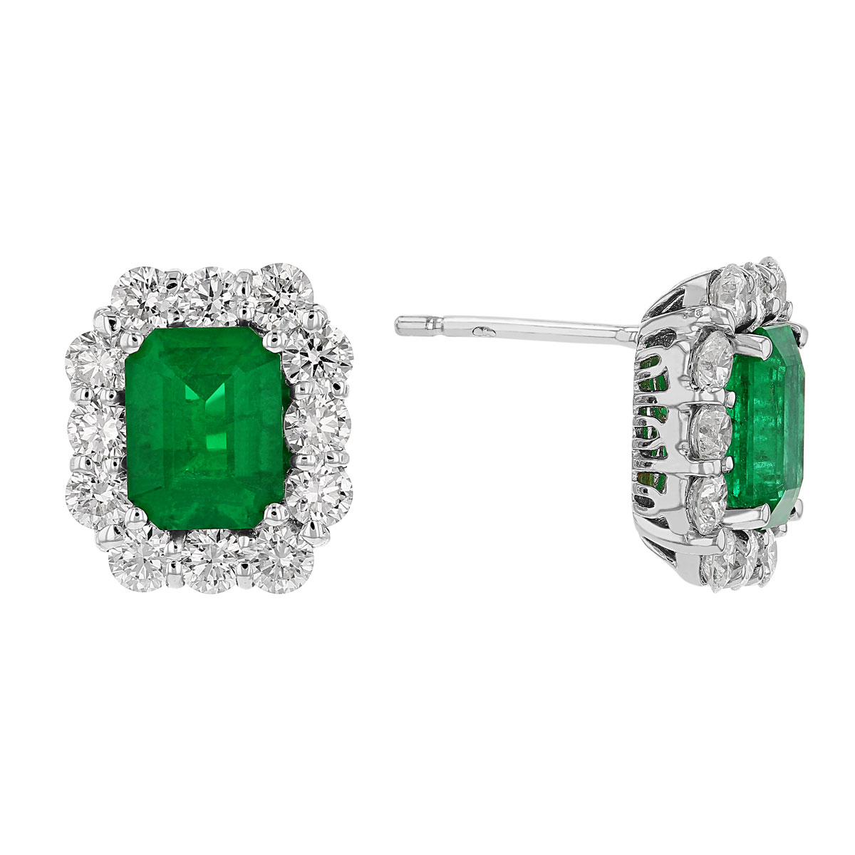 Emerald Cut Emerald & Diamond Halo Post Earrings in White Gold | Borsheims