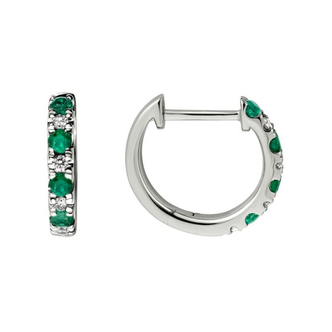 Emerald & Diamond Alternating Huggie Hoop Earrings in White Gold