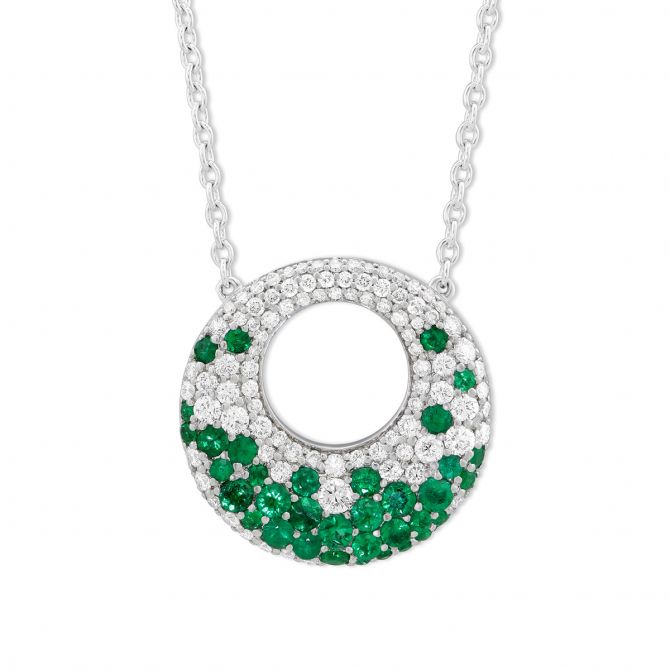 14K White Gold Emerald & Diamond Circle Pendant, 18"