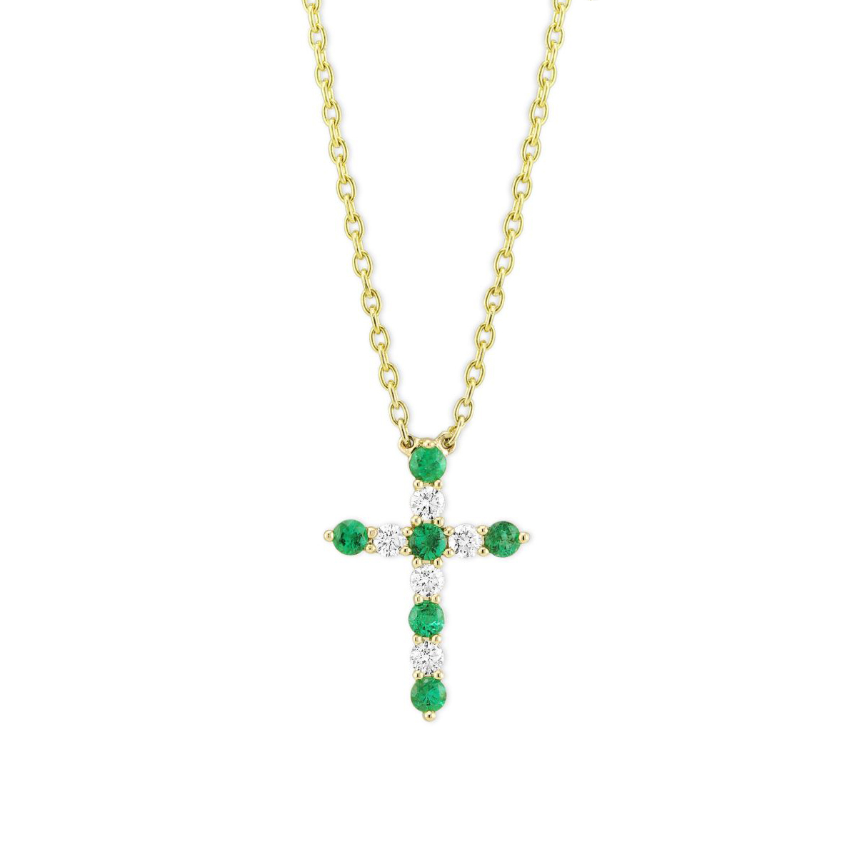 14K Yellow Gold Round Emerald & Diamond Cross Necklace, 18