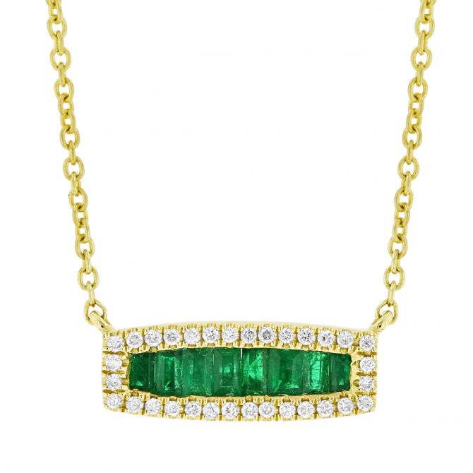 Baguette Emerald Bar Necklace with Diamond Frame in Yellow Gold, 18"