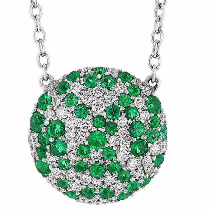 Emerald & Diamond Cluster Pavé Disc Necklace in White Gold, 18"