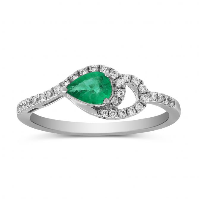 Pear Shaped Emerald & Diamond Ring in White Gold