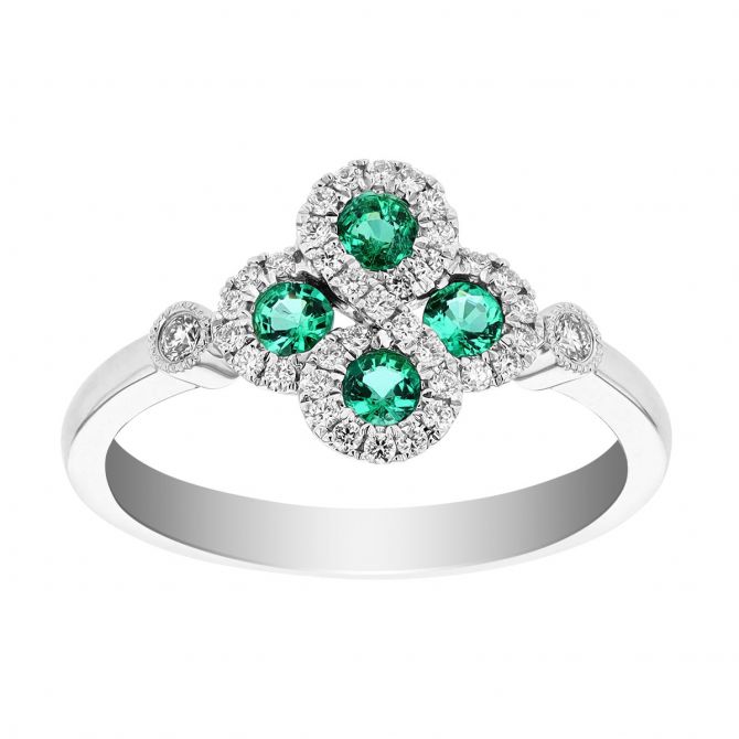 Emerald & Diamond Clover Ring in White Gold