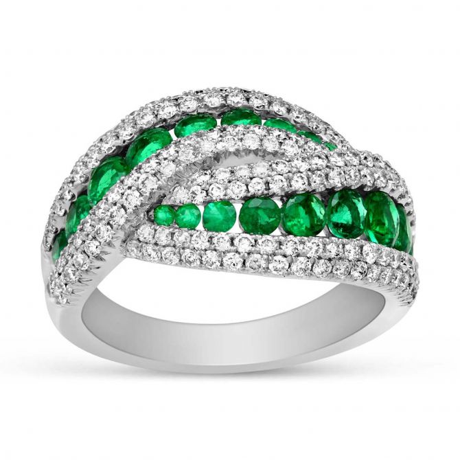 Emerald & Diamond Crossover Ring in White Gold