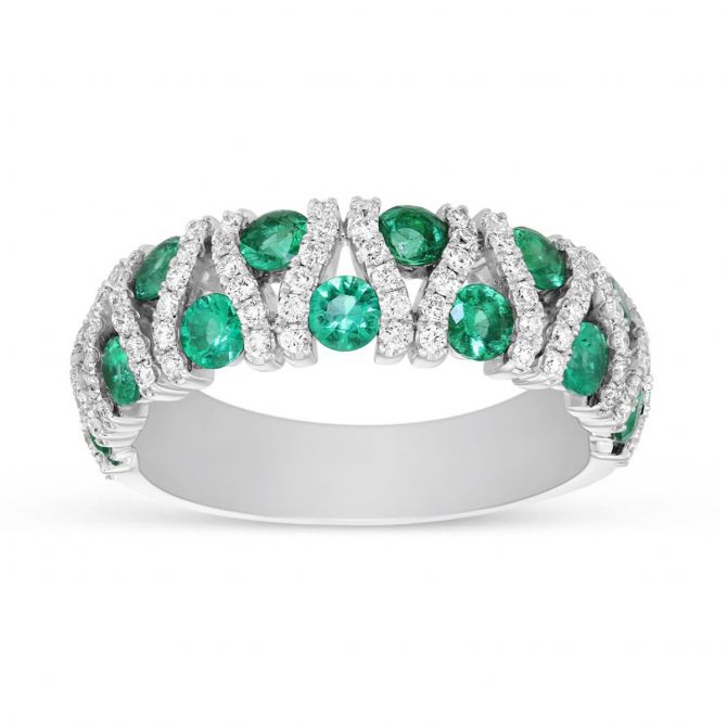 14K White Gold Emerald & Diamond Bar Ring