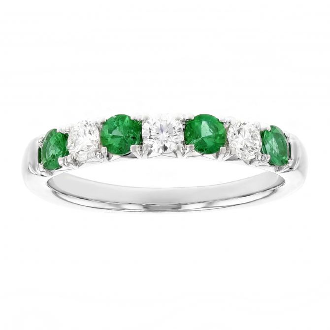 18K White Gold Emerald & Diamond 7 Stone Ring